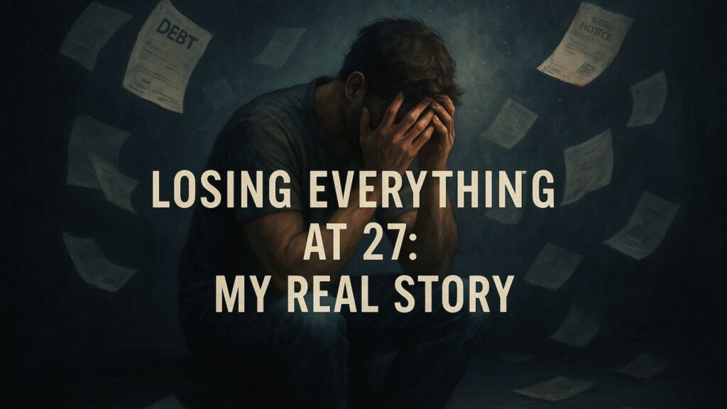 27-year-old man facing financial crisis, emotional breakdown, debt stress, and life collapse — symbolic image of hitting rock bottom before recovery.