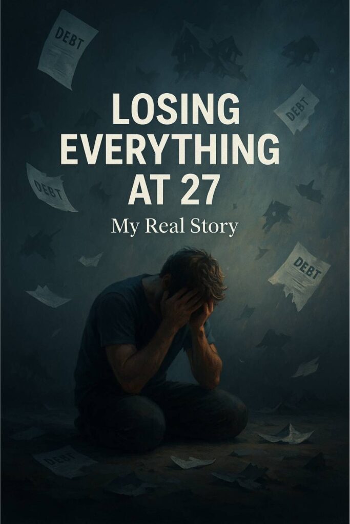 27-year-old man facing financial crisis, emotional breakdown, debt stress, and life collapse — symbolic image of hitting rock bottom before recovery.