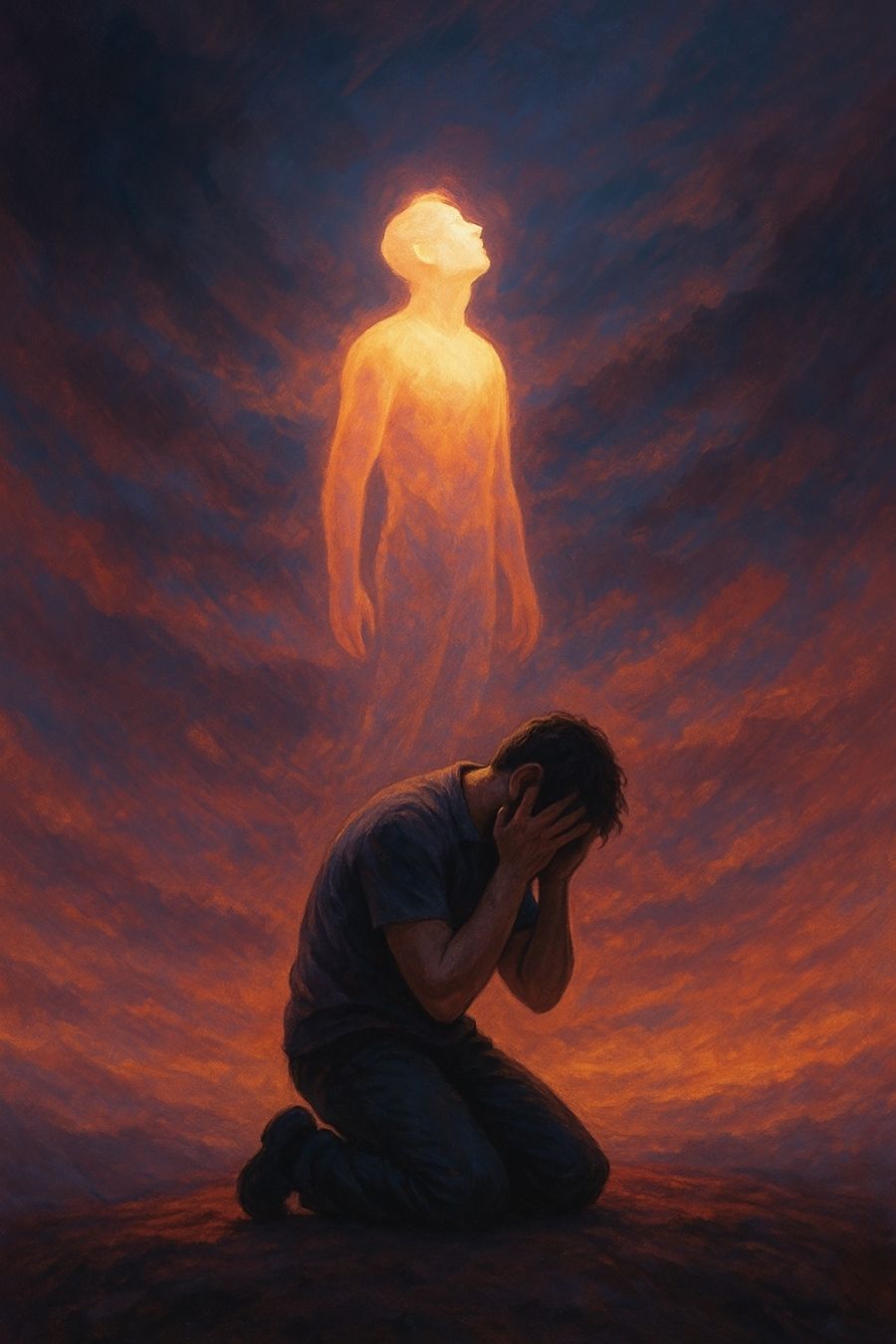 A man kneeling in despair with his head in his hands, while a glowing spirit-like figure rises from his body, symbolizing emotional release or spiritual awakening. Rise from loss