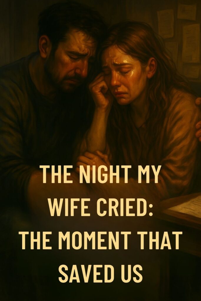 A husband comforting his crying wife in a dark room, showing emotional breakdown and silent pain – the night my wife cried.