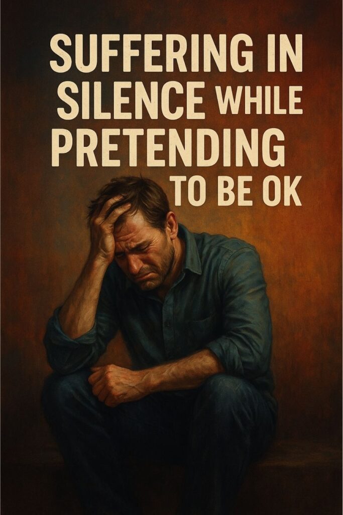 A man suffering from silent depression, holding back tears while pretending to smile – representing silent pain and emotional struggle.