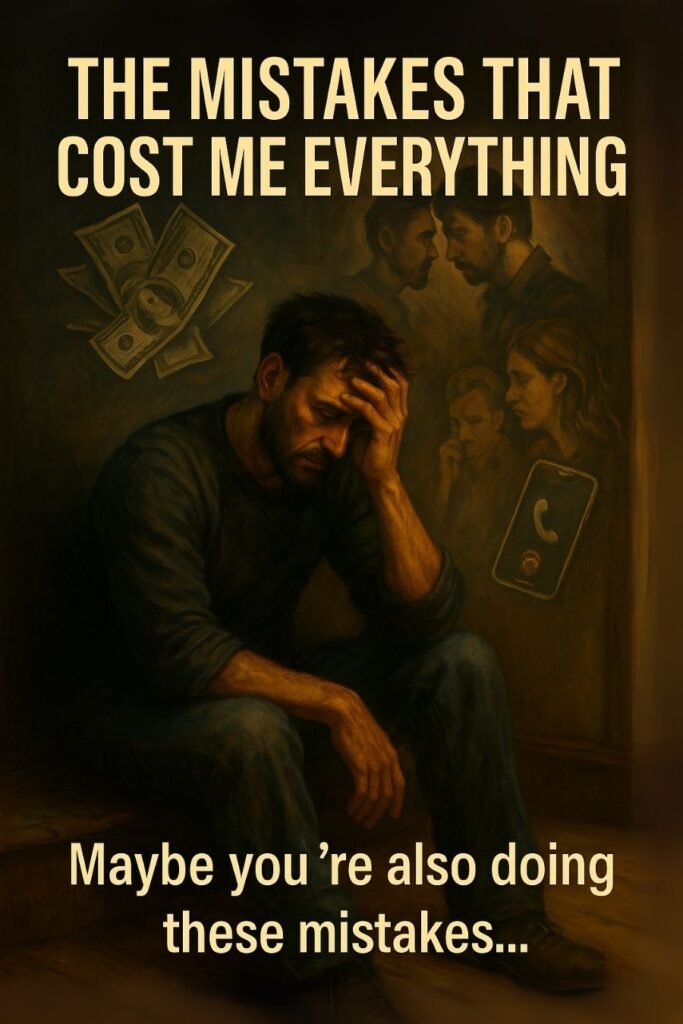 A digital painting of a man in pain surrounded by symbols of regret and betrayal, titled "The Mistakes That Cost Me Everything"
