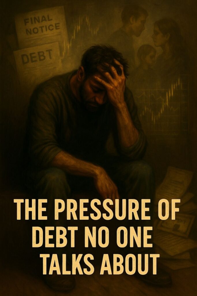 Oil painting showing a man suffering under the pressure of debt, surrounded by bills and emotional stress, reflecting the mental burden of financial struggles.