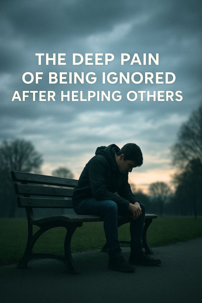 A lonely person sitting on a bench during a cloudy evening, reflecting the deep pain of being ignored after helping others