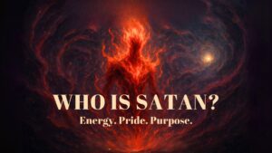 Who is Satan represented as smokeless fire energy in a cosmic background, symbolizing pride and divine challenge.
