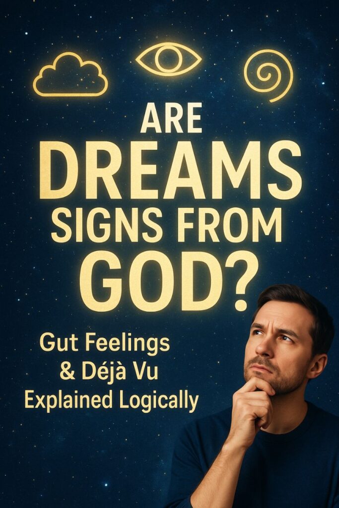 Mystical thumbnail with a glowing night sky and a figure under divine light, symbolizing dreams, gut feelings, and déjà vu — asking: are dreams signs from God?