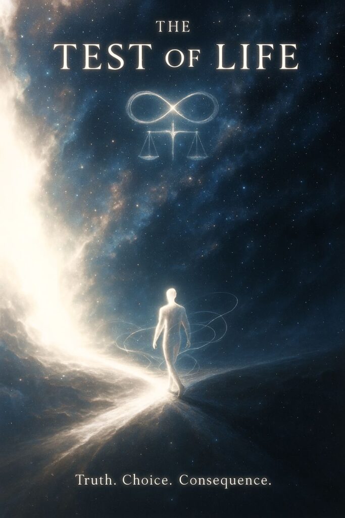 A glowing human silhouette stands at a cosmic crossroads between white light and darkness, symbolizing free will and divine balance in the test of life.