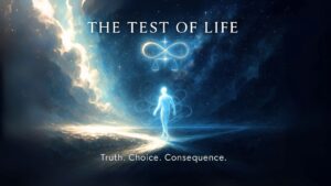 A glowing human silhouette stands at a cosmic crossroads between white light and darkness, symbolizing free will and divine balance in the test of life.