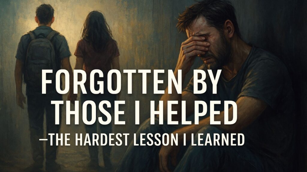 Visual representation of the story “Forgotten by Those I Helped” — a realistic digital painting of a broken man alone in the dark, surrounded by memories of people he once helped, capturing the pain of betrayal, rejection, and emotional abandonment.