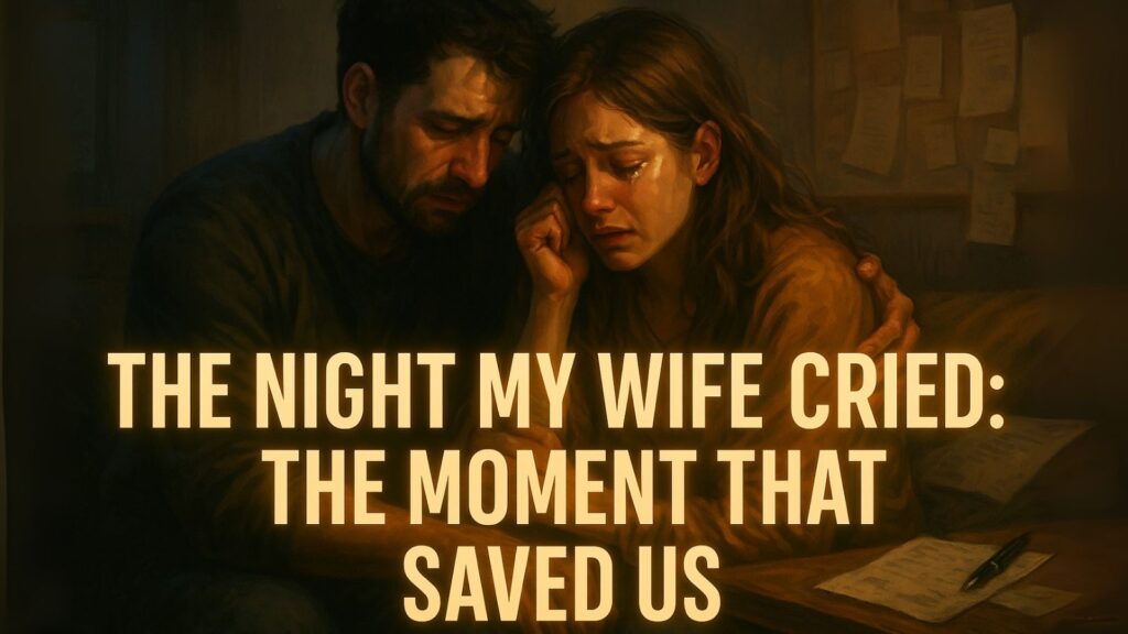 A husband comforting his crying wife in a dark room, showing emotional breakdown and silent pain – the night my wife cried.