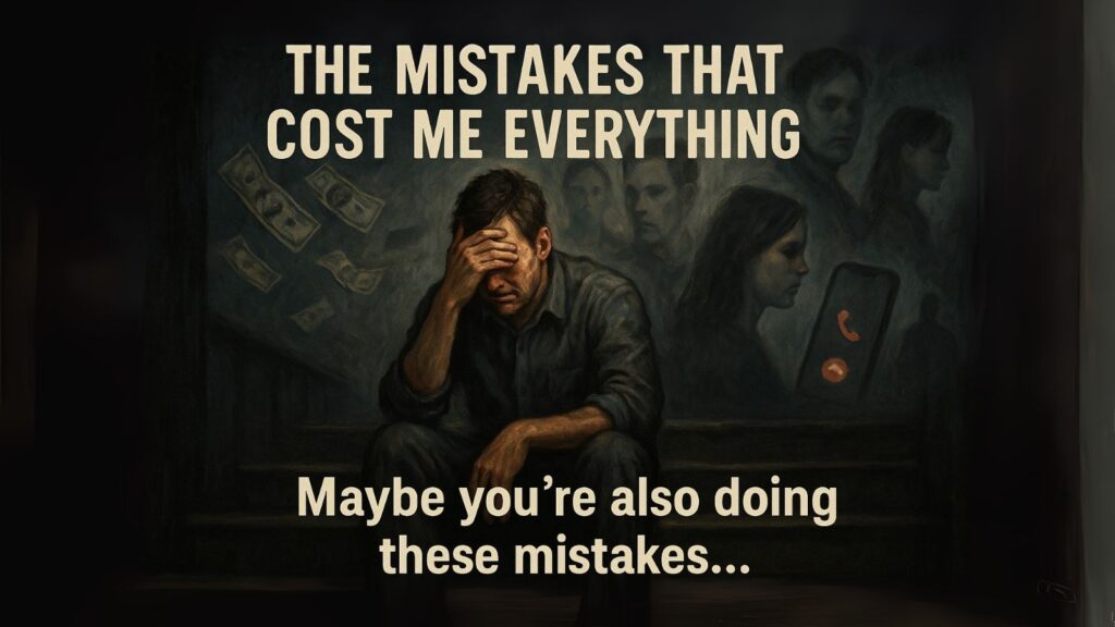 A digital painting of a man in pain surrounded by symbols of regret and betrayal, titled "The Mistakes That Cost Me Everything"