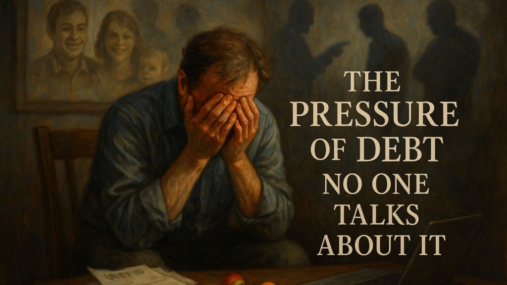 Oil painting showing a man suffering under the pressure of debt, surrounded by bills and emotional stress, reflecting the mental burden of financial struggles.