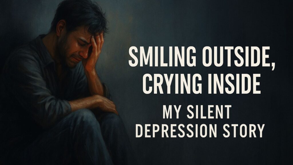 A man suffering from silent depression, holding back tears while pretending to smile – representing silent pain and emotional struggle.