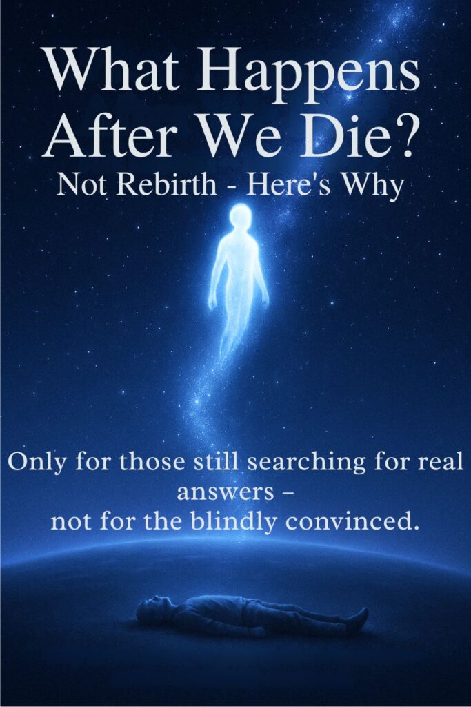 A symbolic thumbnail showing a soul leaving the body under a starry sky, with the title “What Happens After We Die? Not Rebirth – Here’s Why” and a message for truth-seekers only.