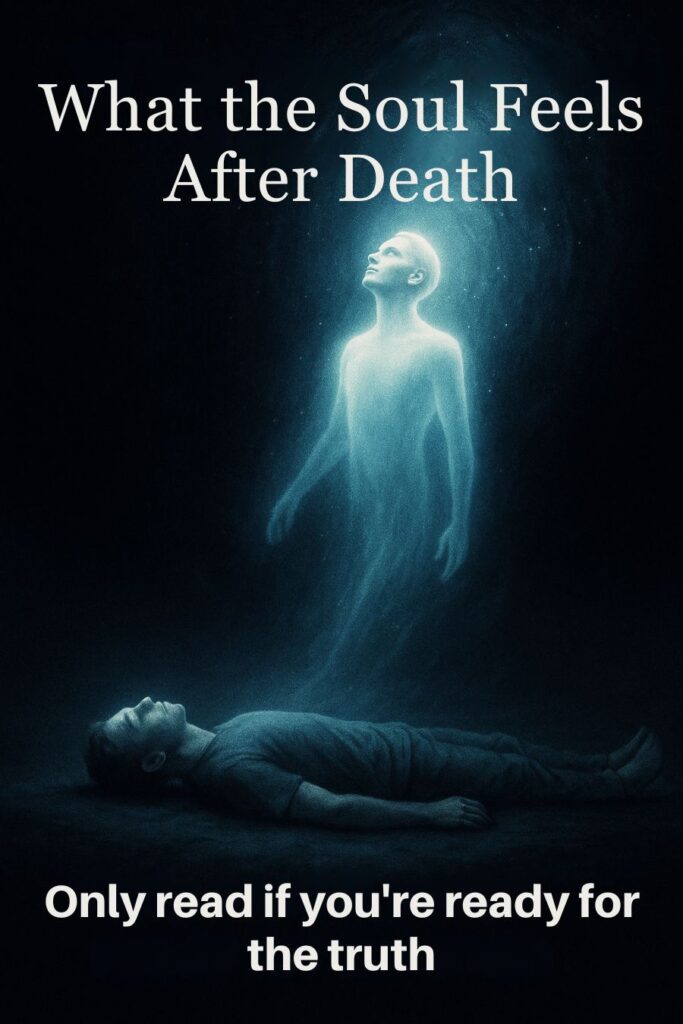 A glowing soul rising from a lifeless body, visually representing what the soul feels after death in a spiritual and timeless dimension.