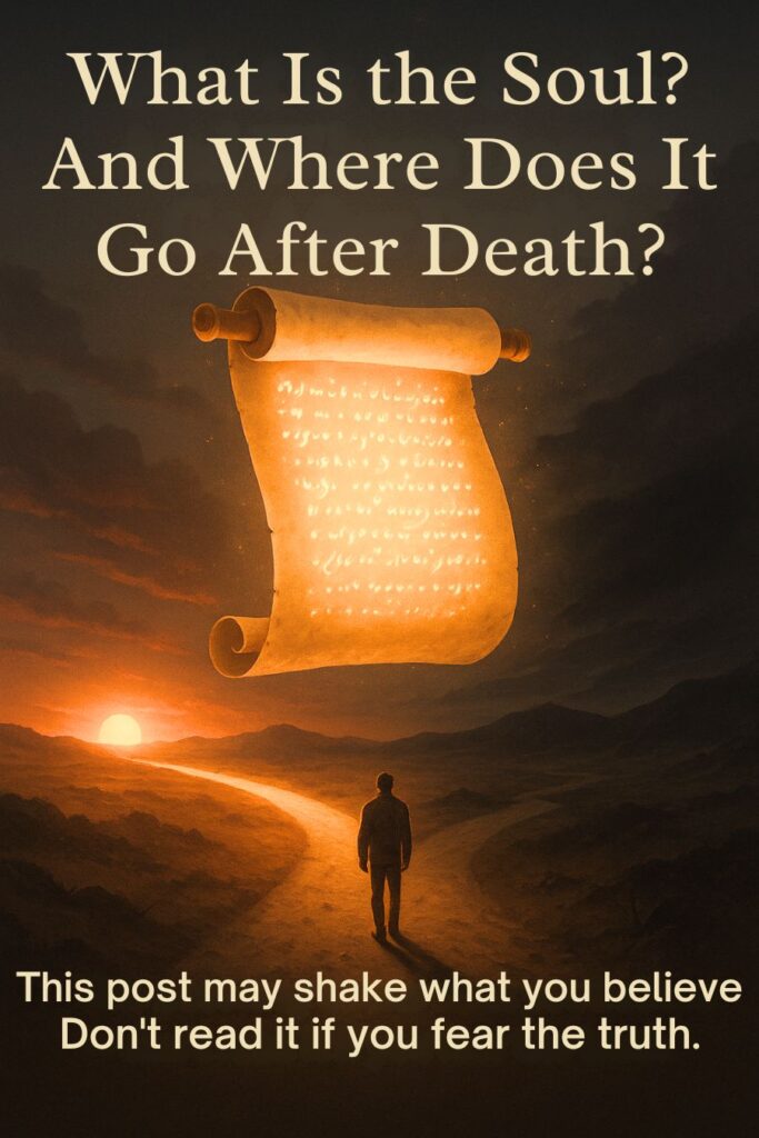 what is the soul and where does it go after death – A powerful visual showing the journey of the soul leaving the body after death, entering a mysterious new realm of peace or consequence.